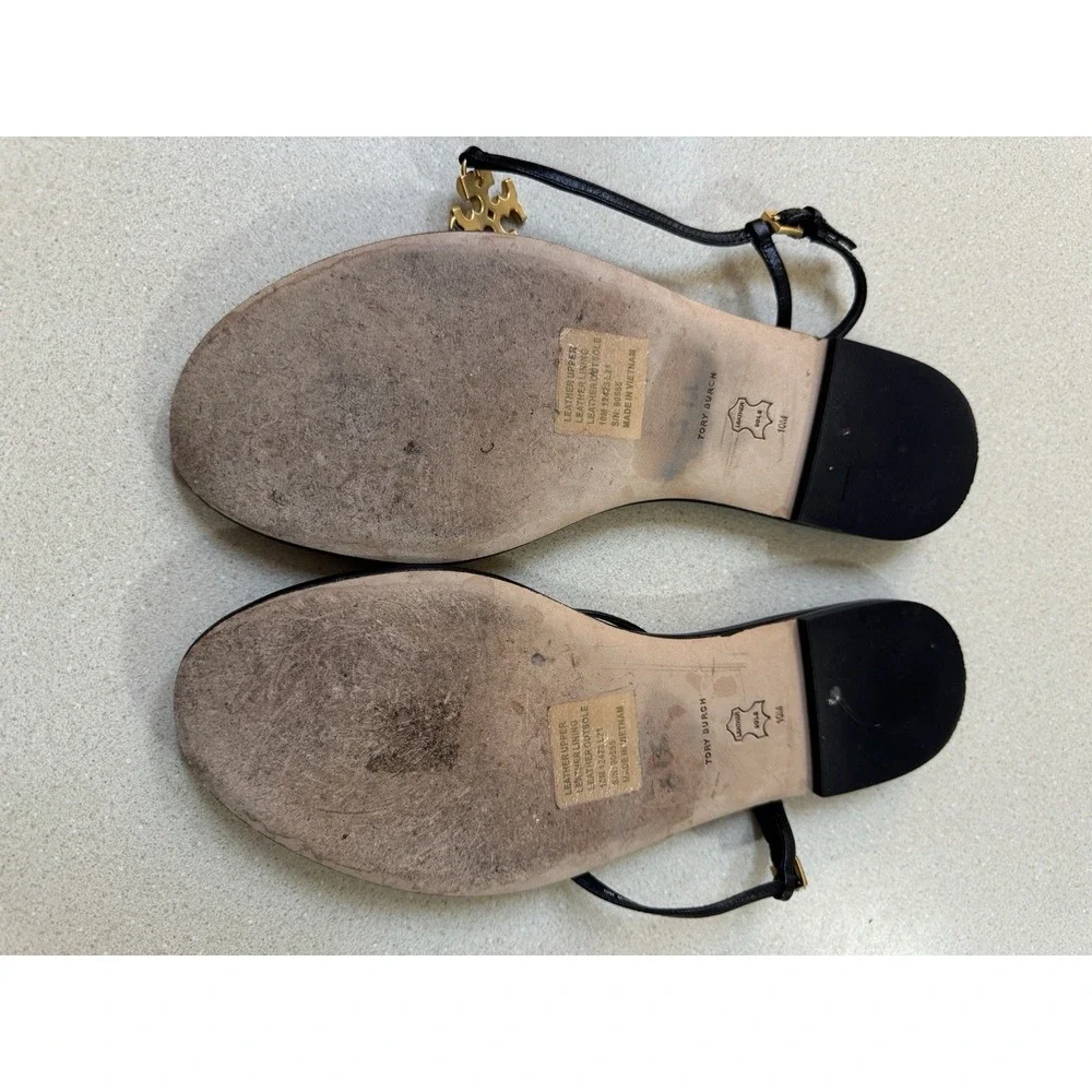 Tory Burch Women's Capri Womens Sz 10M Strap Sandals Black Leather Gold Logo